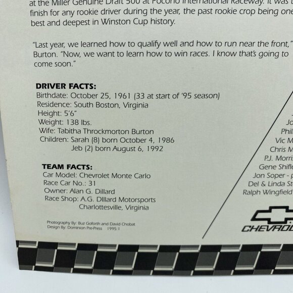 Ward Burton 8x10 Photo - 1995 Hardee’s Racing Nascar Winston Cup - Picture 5 of 9